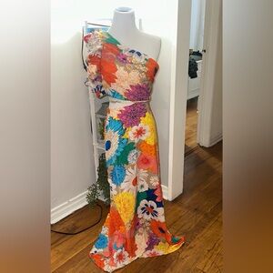 One-Shoulder Floral Cutout Dress in Pink and Orange